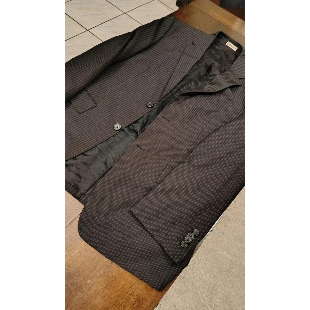 Perry Ellis Mens Pinstripe Blazer 40 Short Two Button Suit Jacket Charcoal Black
